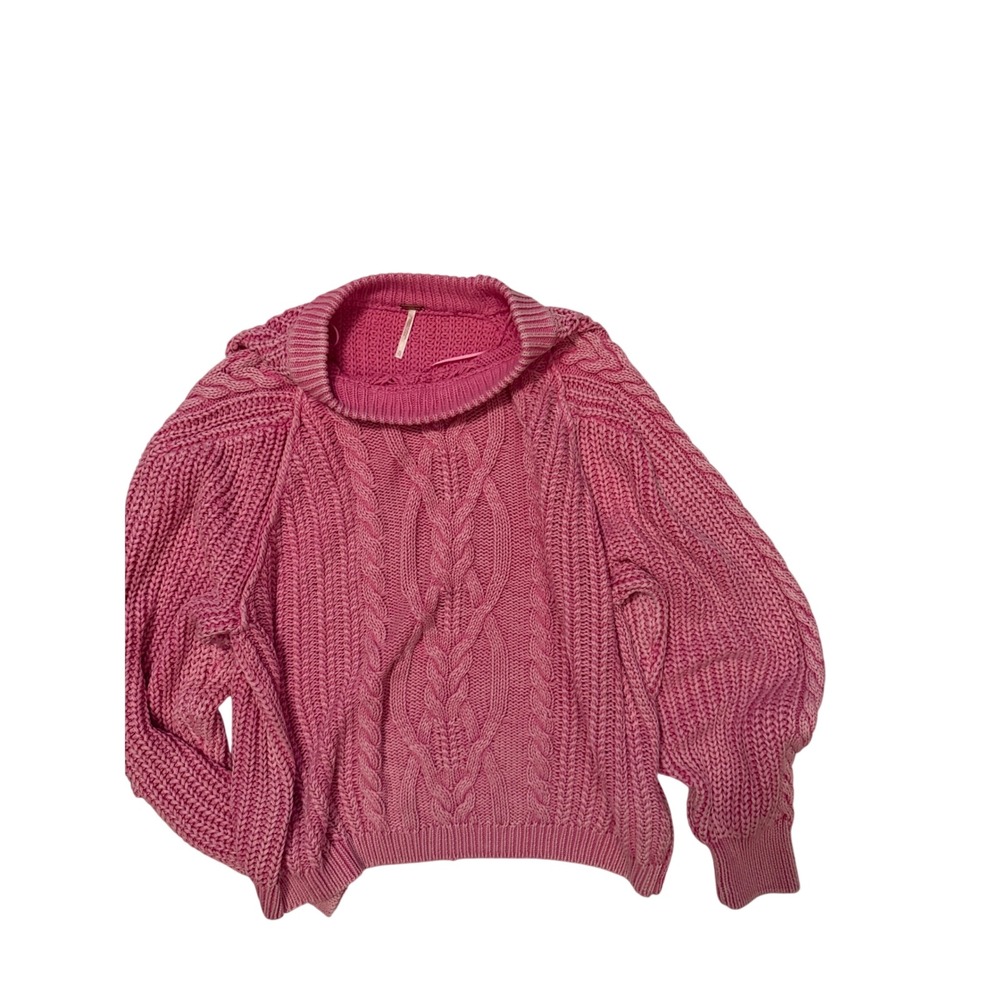 Free People On A Cloud Cable Knit Sweater Pink‎ Mock Neck Balloon Sleeve XL